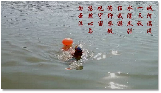 注:第三句用了王羲之《兰亭序》中“仰观宇宙之大,俯察品类之盛”的意思。游泳时,时而俯向水面,时而仰对天空,很自然地会产生这样的联想。 注:第三句用了王羲之《兰亭序》中“仰观宇宙之大,俯察品类之盛”的意思。游泳时,时而俯向水面,时而仰对天空,很自然地会产生这样的联想。